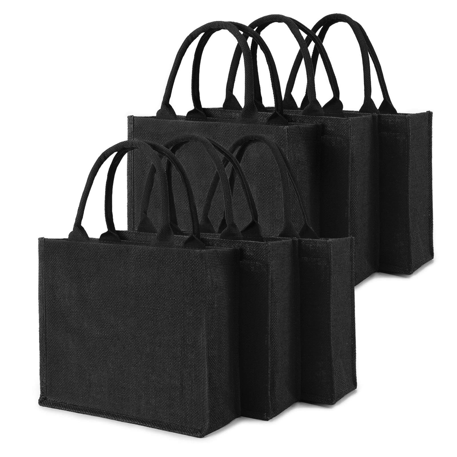 Segarty Tote Bags, 6 Pack Medium Black Burlap Jute Reusable Canvas Gift Favors Bag with Handles Blank Tote Bulk for Bridesmaid Wedding, Women Market