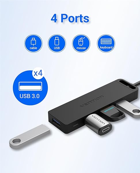 VENTION VENTION 4-Port USB 3.0 Hub - Ultra-Slim Data Splitter for MacBook, Laptop, PS4 & More - View 4 of 10