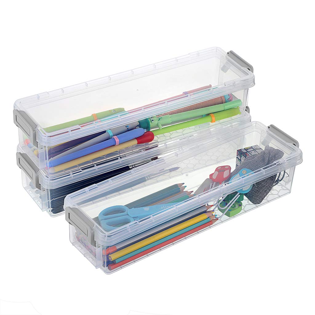 BTSKY Long Plastic Stackable Boxes Home, Office Supplies Storage Organizer Pencil Box Plastic Organizer Holder for Gel Pens Erasers Tape Pens Pencils