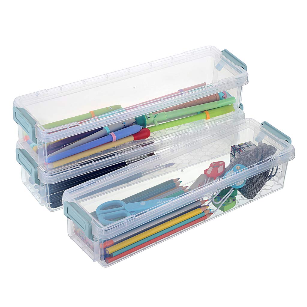 BTSKY Long Plastic Stackable Box Home, Office Supplies Storage Organizer Box Pencil Boxes Plastic Organizer Holder for Gel Pens Erasers Tape Pens