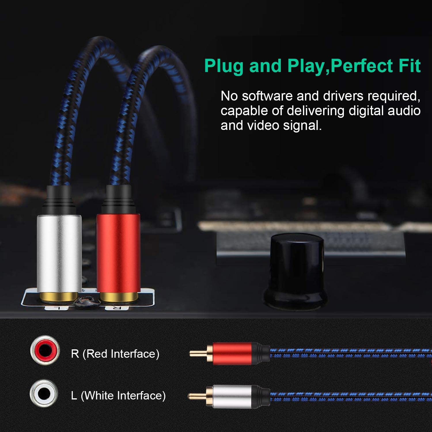NC XQIN NC XIQN RCA Cable 20ft. 2RCA Male to 2RCA Male Stereo Audio Cable Nylon Braided, Double Shielded RCA to RCA Audio Cable for Home Theater, HDTV, - View 6 of 7