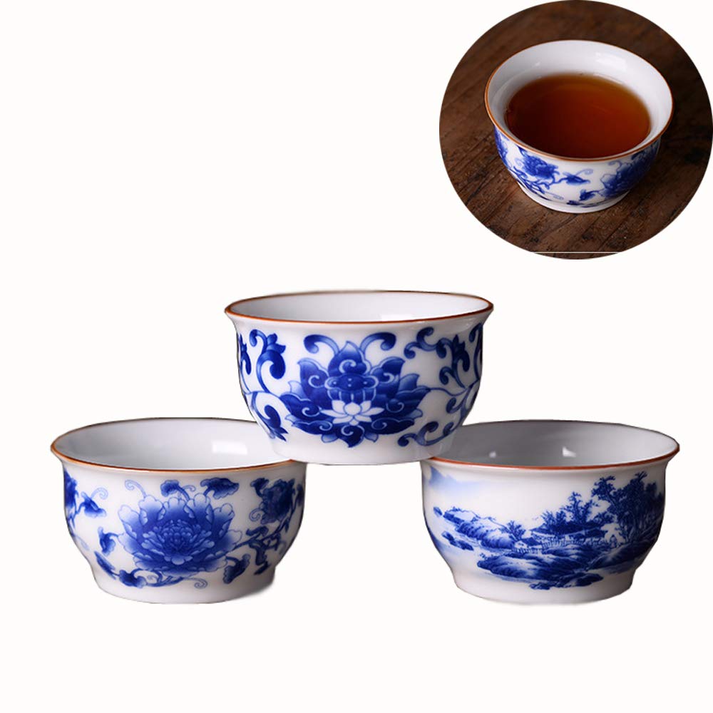 Woonsoon Woonsoon Chinese Handmade Kungfu Tea Cup 60 ml,Bone China Blue and White Tea Cups Set of 3,Ceramic Tea Mugs Without Handles,Best Gift