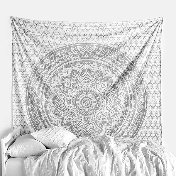 raajsee Raajsee Metallic Silver Tapestry Grey Mandala Wall Hanging Indian Cotton Beach Throw Blanket Boho Decor Twin Bedspread Yoga Mat 52 x 60 inches