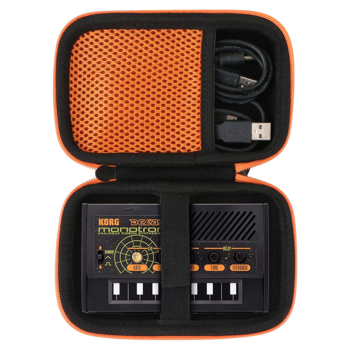 co2CREA Hard Case for Korg Monotron Delay Duo Analog Ribbon Synthesizer Black Case with Orange Zipper