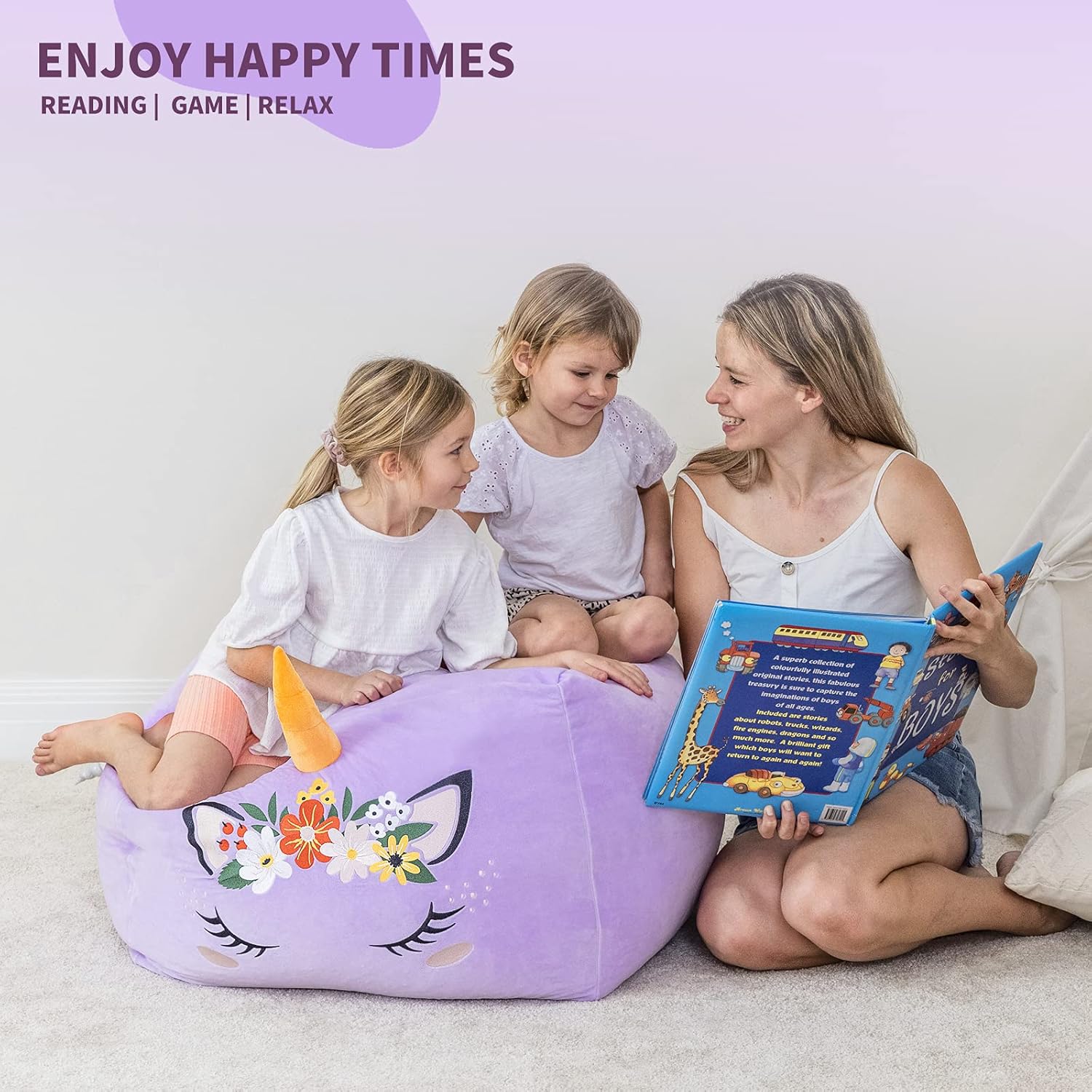 Aubliss Aubliss Unicorn Stuffed Animal Storage Bean Bag Chair for Kids Extra Soft Velvet X-Large Zipper Cover for Plush Toys Purple Floral - View 2 of 9