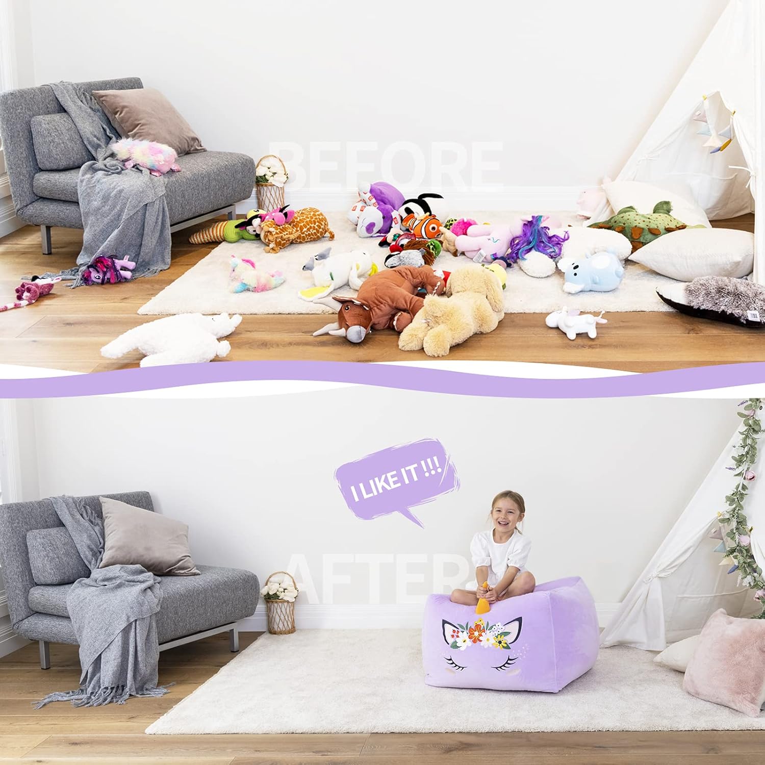 Aubliss Aubliss Unicorn Stuffed Animal Storage Bean Bag Chair for Kids Extra Soft Velvet X-Large Zipper Cover for Plush Toys Purple Floral - View 3 of 9