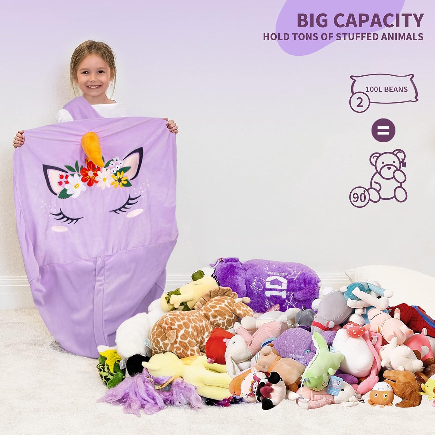 Aubliss Aubliss Unicorn Stuffed Animal Storage Bean Bag Chair for Kids Extra Soft Velvet X-Large Zipper Cover for Plush Toys Purple Floral - View 4 of 9