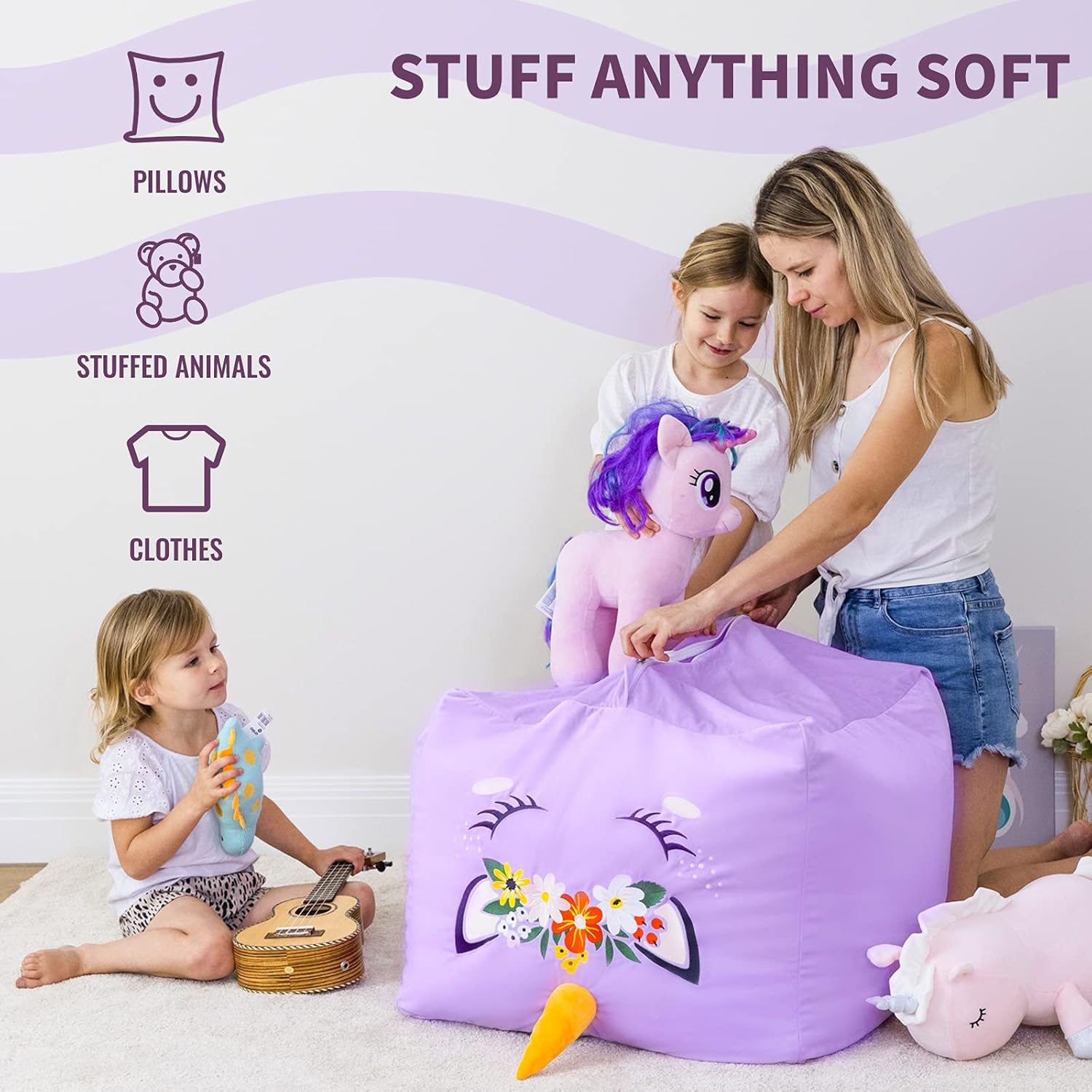 Aubliss Aubliss Unicorn Stuffed Animal Storage Bean Bag Chair for Kids Extra Soft Velvet X-Large Zipper Cover for Plush Toys Purple Floral - View 5 of 9