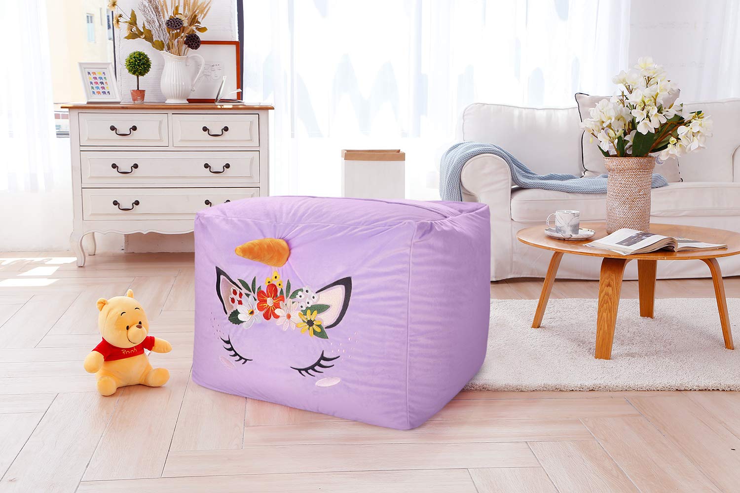 Aubliss Aubliss Unicorn Stuffed Animal Storage Bean Bag Chair for Kids Extra Soft Velvet X-Large Zipper Cover for Plush Toys Purple Floral - View 7 of 9