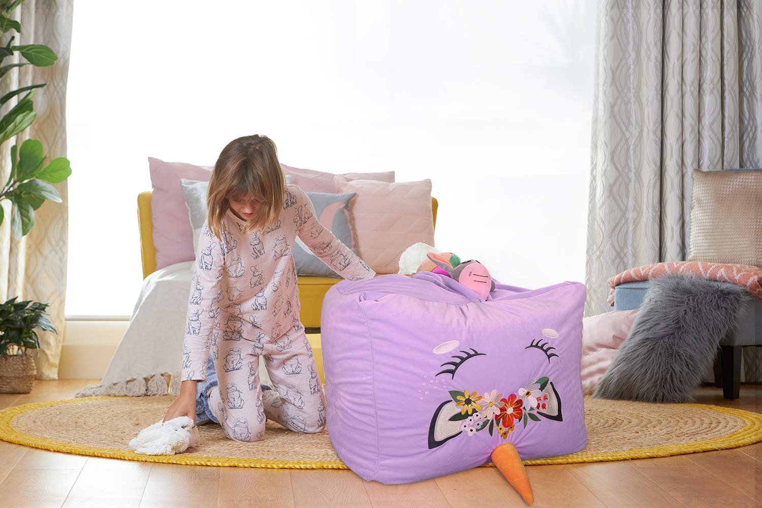 Aubliss Aubliss Unicorn Stuffed Animal Storage Bean Bag Chair for Kids Extra Soft Velvet X-Large Zipper Cover for Plush Toys Purple Floral - View 8 of 9