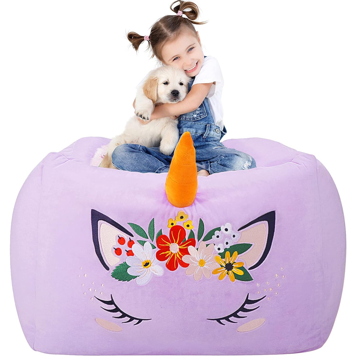 Aubliss Aubliss Unicorn Stuffed Animal Storage Bean Bag Chair for Kids Extra Soft Velvet X-Large Zipper Cover for Plush Toys Purple Floral