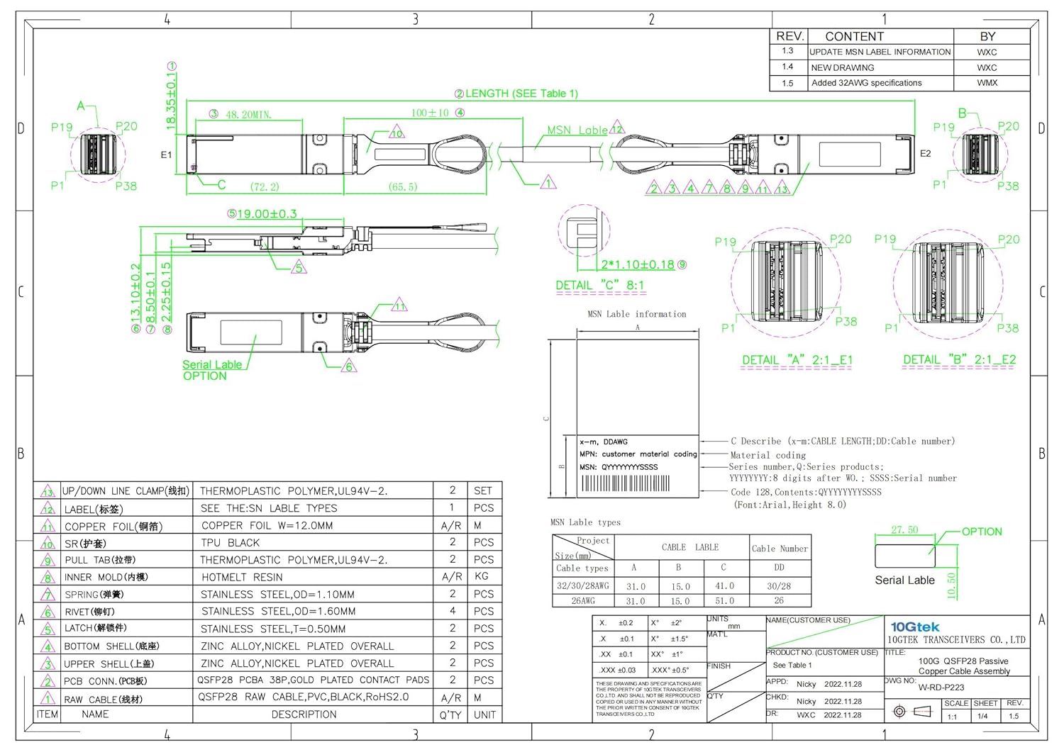 10Gtek Dell Force10 100G DAC-Q28 100GBASE CR4 QSFP28 to QSFP28 Passive Direct Attach Copper Twinax Cable 0.5 Meter 1.64ft - View 5 of 9