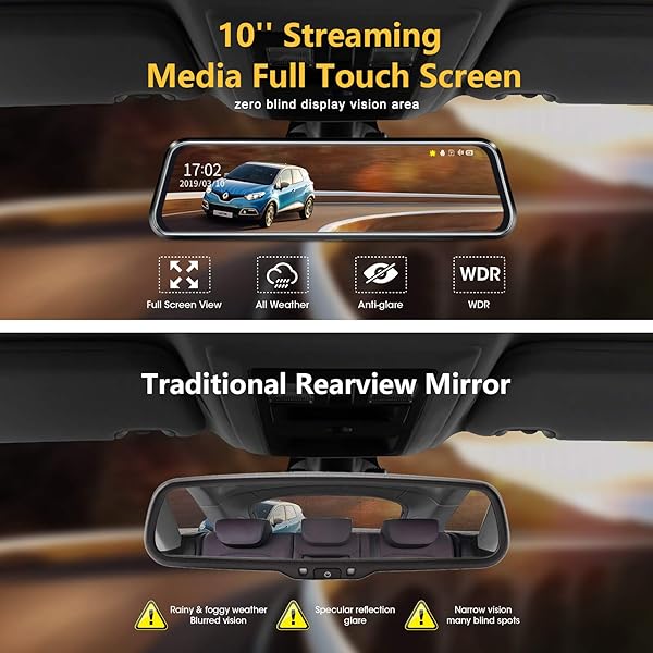 Jansite 10 Inch Mirror Dash Cam 1080P FHD Night Vision Touch Screen Front Rear View Backup Camera with 170 Degree Angle and 10 Meters Cable - View 4 of 9
