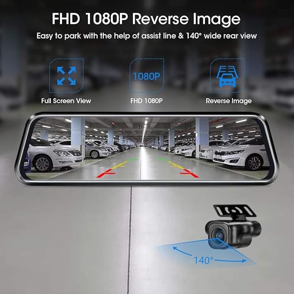 Jansite 10 Inch Mirror Dash Cam 1080P FHD Night Vision Touch Screen Front Rear View Backup Camera with 170 Degree Angle and 10 Meters Cable - View 7 of 9