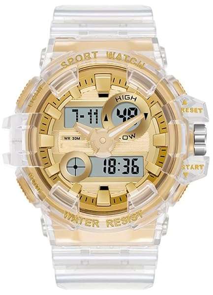 CARLIEN Buy Carlien Men's Waterproof Analog Digital LED Watch - Multifunctional Sports Timepiece with Transparent Strap (White Gold)