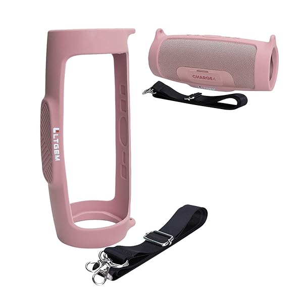 LTGEM Silicone Case Cover for JBL Charge 4 Speaker Waterproof Soft Skin Travel Pouch with Shoulder Strap Pink