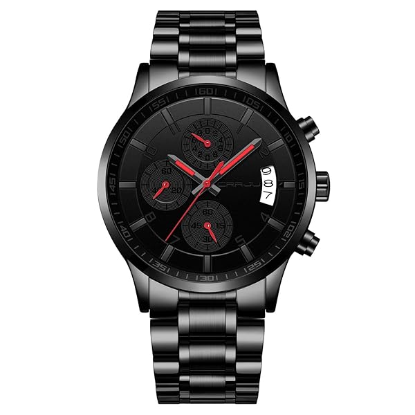 CRRJU CRRJU Mens Fashion Business Auto Date Quartz Watch Full Steel Band Red Grey Army Style