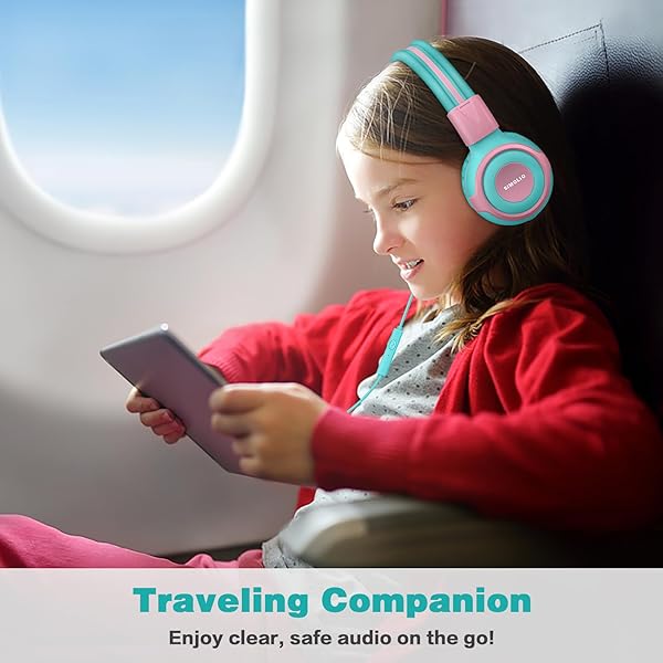 SIMOLIO SIMOLIO Kids Headphones with Mic Volume Limit Share Port for Tablet iPad Kindle Laptop Sturdy Wired Headsets with Portable Bag Mint Pink - View 2 of 7