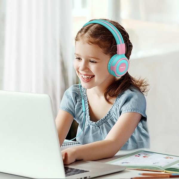 SIMOLIO SIMOLIO Kids Headphones with Mic Volume Limit Share Port for Tablet iPad Kindle Laptop Sturdy Wired Headsets with Portable Bag Mint Pink - View 3 of 7