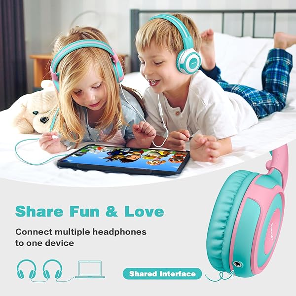 SIMOLIO SIMOLIO Kids Headphones with Mic Volume Limit Share Port for Tablet iPad Kindle Laptop Sturdy Wired Headsets with Portable Bag Mint Pink - View 4 of 7