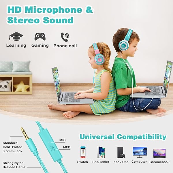 SIMOLIO SIMOLIO Kids Headphones with Mic Volume Limit Share Port for Tablet iPad Kindle Laptop Sturdy Wired Headsets with Portable Bag Mint Pink - View 5 of 7