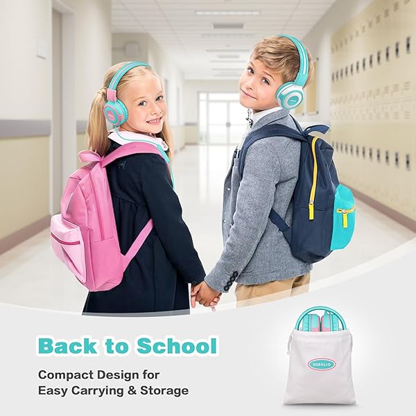 SIMOLIO SIMOLIO Kids Headphones with Mic Volume Limit Share Port for Tablet iPad Kindle Laptop Sturdy Wired Headsets with Portable Bag Mint Pink - View 7 of 7