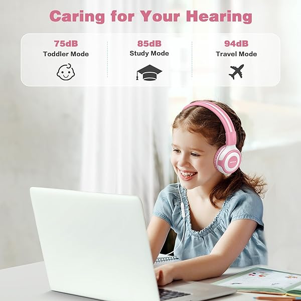 SIMOLIO SIMOLIO Wired Headphones for Kids with Mic and Share Port Volume Limit 75dB 85dB 94dB Portable Bag Stereo Sound Tangle-Free Cord Pink White - View 3 of 7