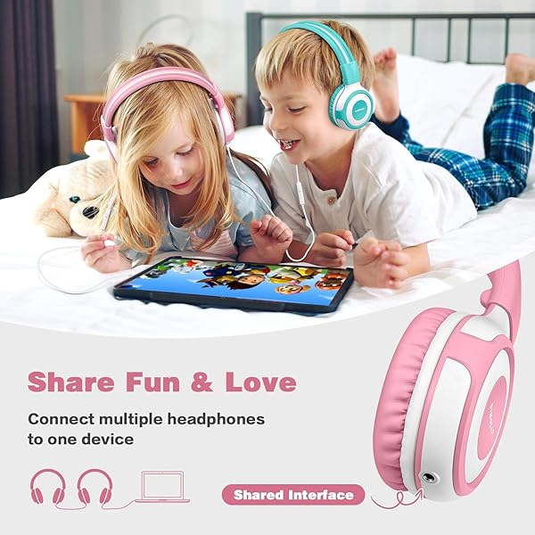 SIMOLIO SIMOLIO Wired Headphones for Kids with Mic and Share Port Volume Limit 75dB 85dB 94dB Portable Bag Stereo Sound Tangle-Free Cord Pink White - View 4 of 7