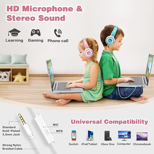 SIMOLIO SIMOLIO Wired Headphones for Kids with Mic and Share Port Volume Limit 75dB 85dB 94dB Portable Bag Stereo Sound Tangle-Free Cord Pink White - View 5 of 7