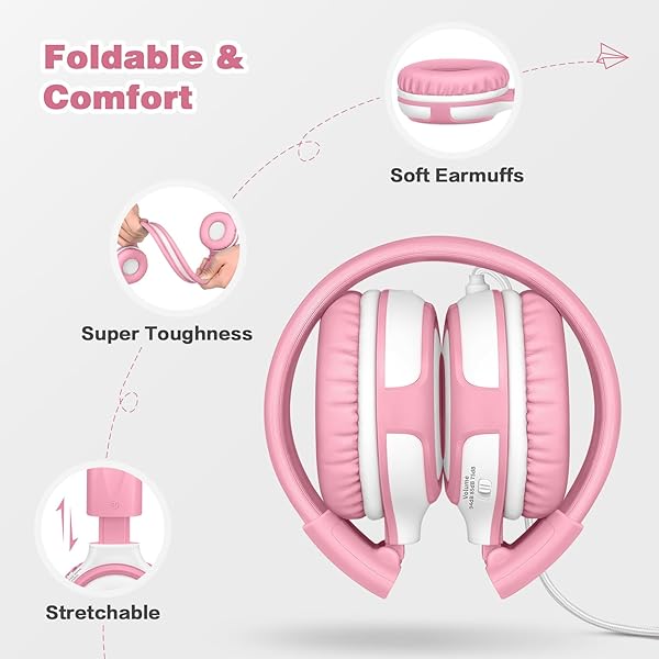 SIMOLIO SIMOLIO Wired Headphones for Kids with Mic and Share Port Volume Limit 75dB 85dB 94dB Portable Bag Stereo Sound Tangle-Free Cord Pink White - View 6 of 7