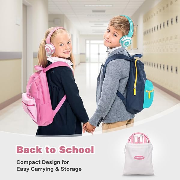 SIMOLIO SIMOLIO Wired Headphones for Kids with Mic and Share Port Volume Limit 75dB 85dB 94dB Portable Bag Stereo Sound Tangle-Free Cord Pink White - View 7 of 7