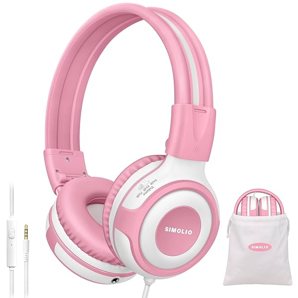 SIMOLIO SIMOLIO Wired Headphones for Kids with Mic and Share Port Volume Limit 75dB 85dB 94dB Portable Bag Stereo Sound Tangle-Free Cord Pink White
