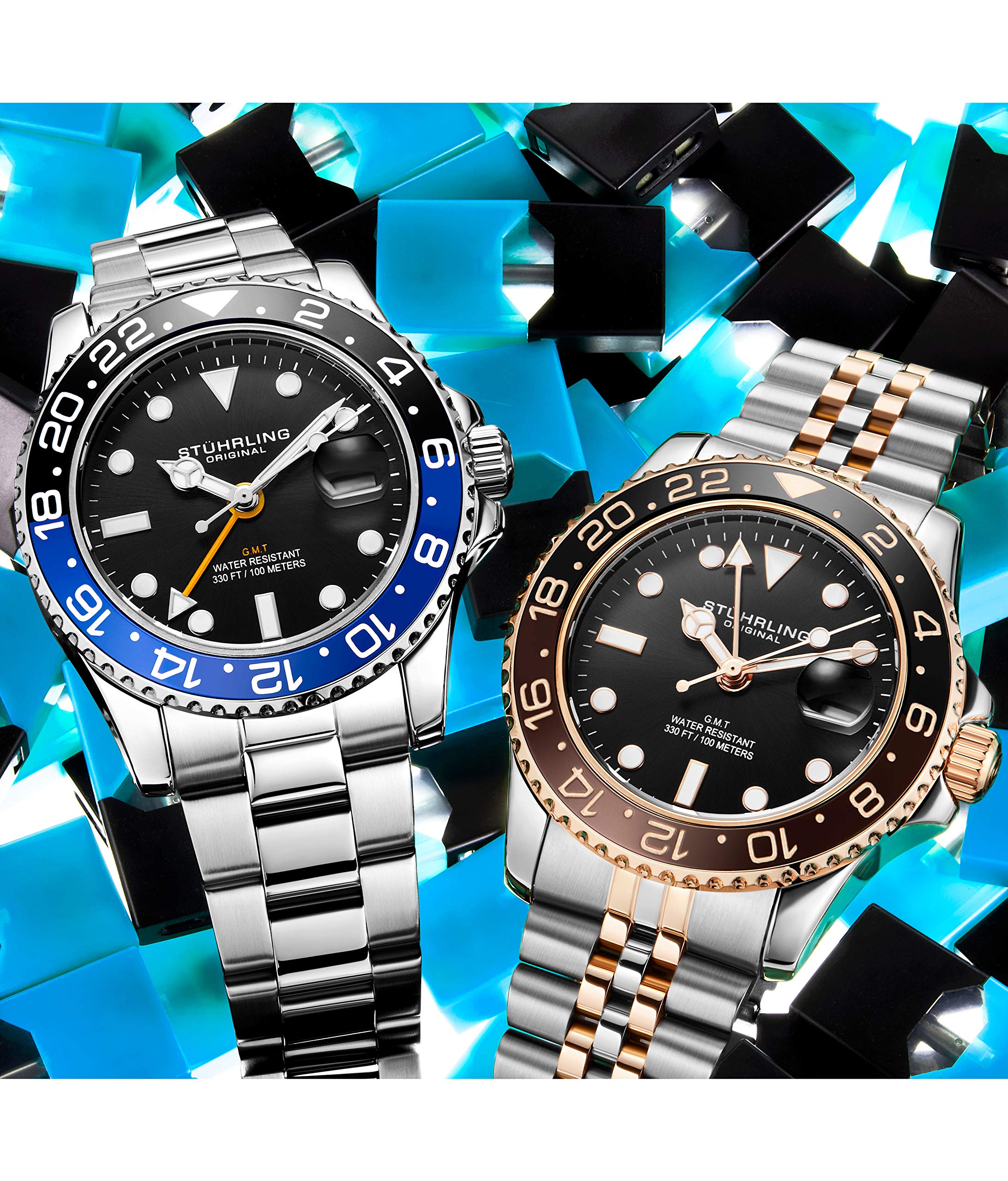 Stuhrling Original Stuhrling Original Men's Stainless Steel Watch: Dual Time, Date, Triple Row Bracelet & Screw Down Crown - View 5 of 6