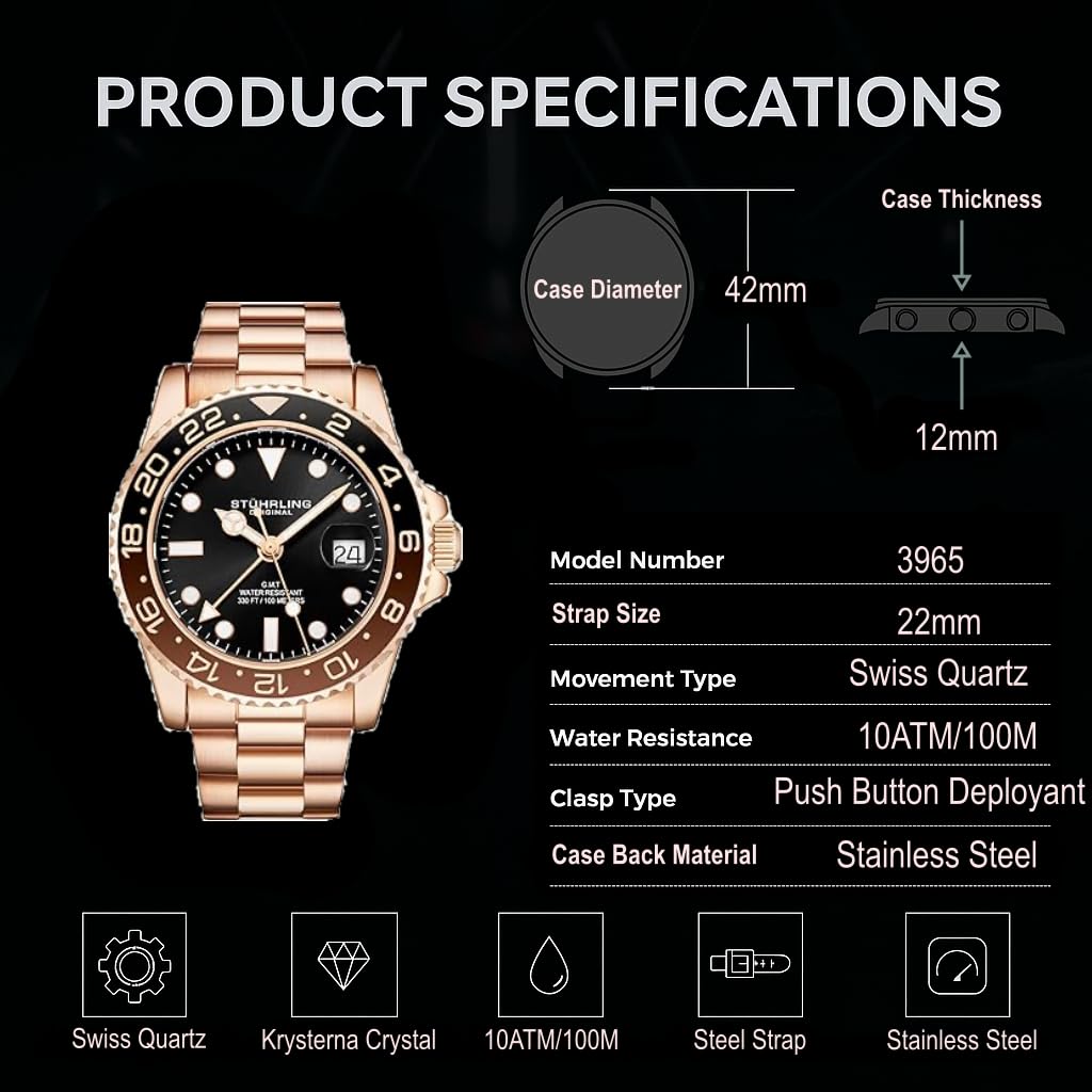 Stuhrling Original Stuhrling Original Men's Stainless Steel Watch: Dual Time, Date, Triple Row Bracelet & Screw Down Crown - View 6 of 6