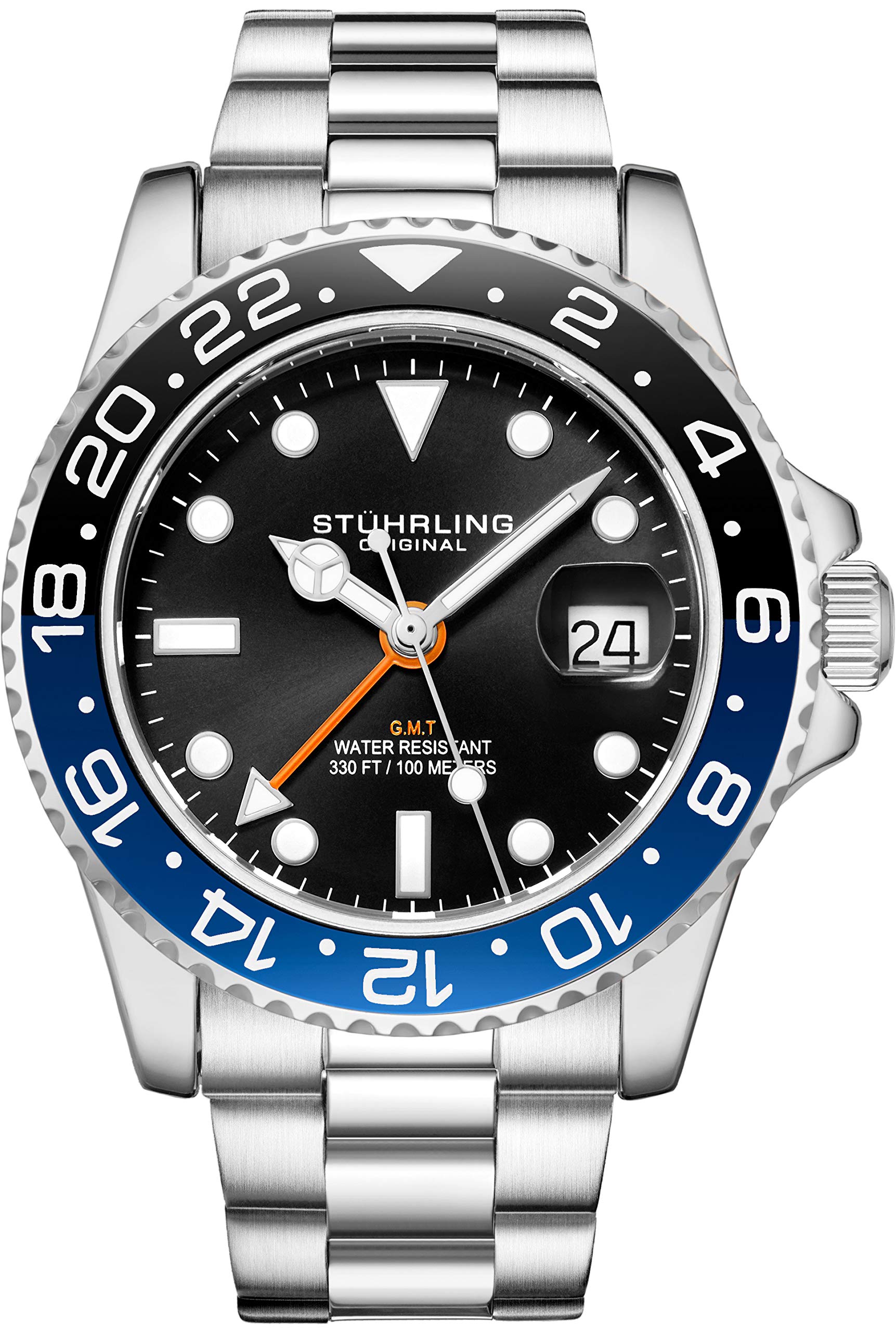 Stuhrling Original Stuhrling Original Men's Stainless Steel Watch: Dual Time, Date, Triple Row Bracelet & Screw Down Crown