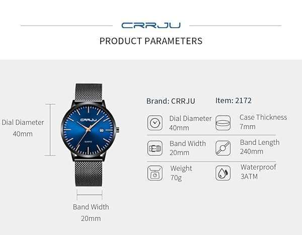 CRRJU CRRJU Men's Ultra Thin Fashion Watch: 7MM Waterproof Stainless Steel Mesh Band - View 7 of 8