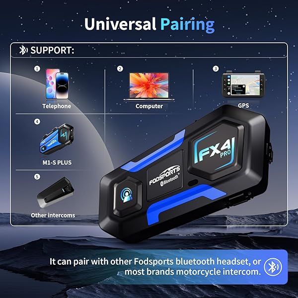 Fodsports FODSPORTS FX4 Pro Bluetooth Intercom: 4-Rider Helmet Communication System with FM & Dual Mics - View 10 of 10
