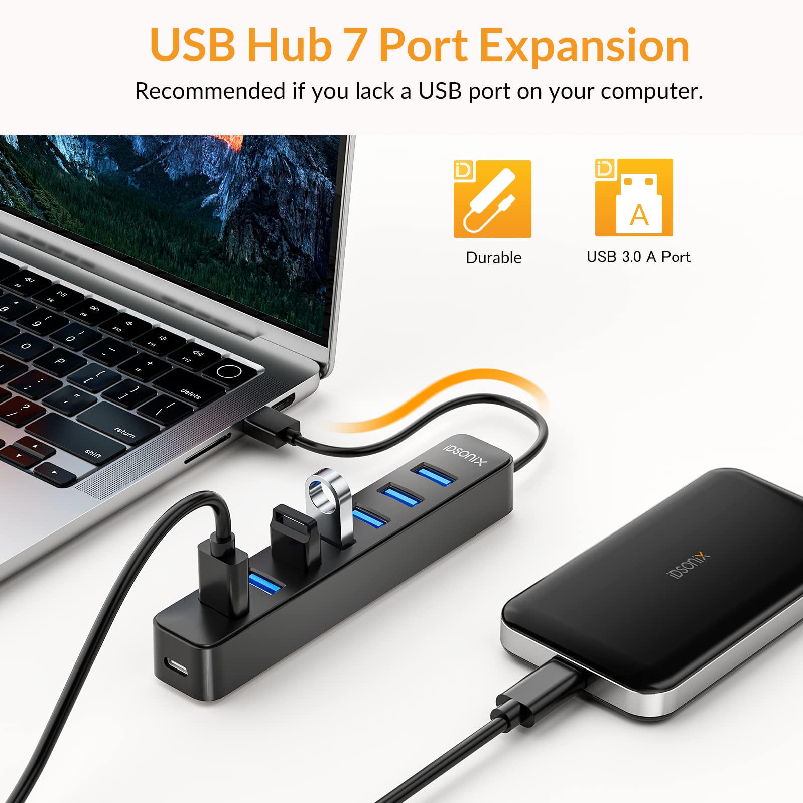 iDsonix 7 Port USB Hub 3.0 for Laptop iMac Surface Pro XPS and More Black - View 2 of 6