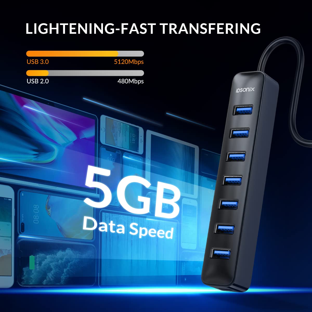 iDsonix 7 Port USB Hub 3.0 for Laptop iMac Surface Pro XPS and More Black - View 3 of 6