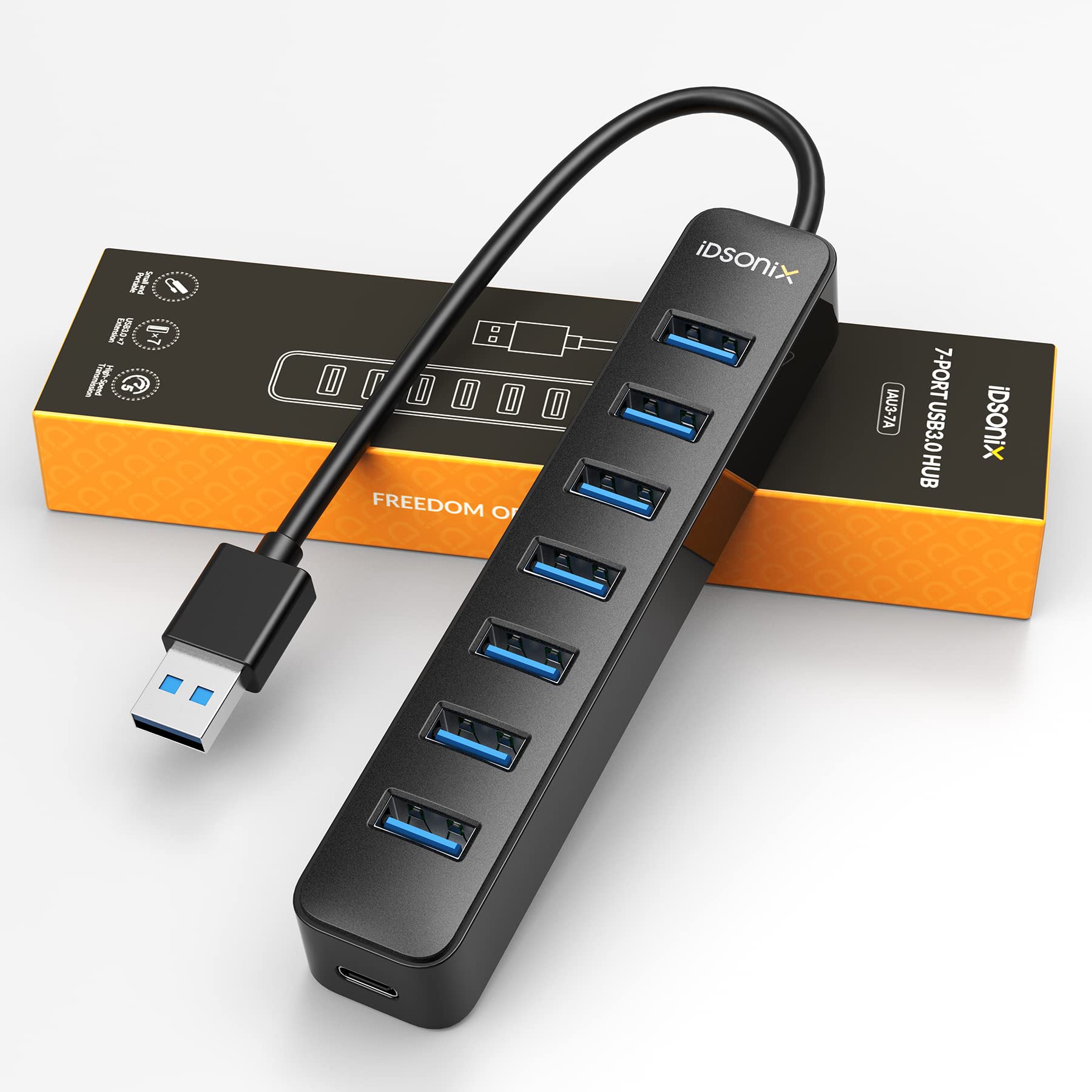 iDsonix 7 Port USB Hub 3.0 for Laptop iMac Surface Pro XPS and More Black