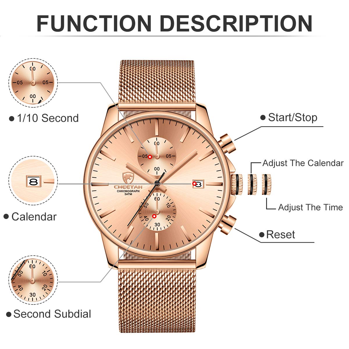 Mens Fashion Sleek Minimalist Quartz Analog Mesh Stainless Steel Waterproof Chronograph Watch with Auto Date and Black Hands Rose Gold - View 3 of 7