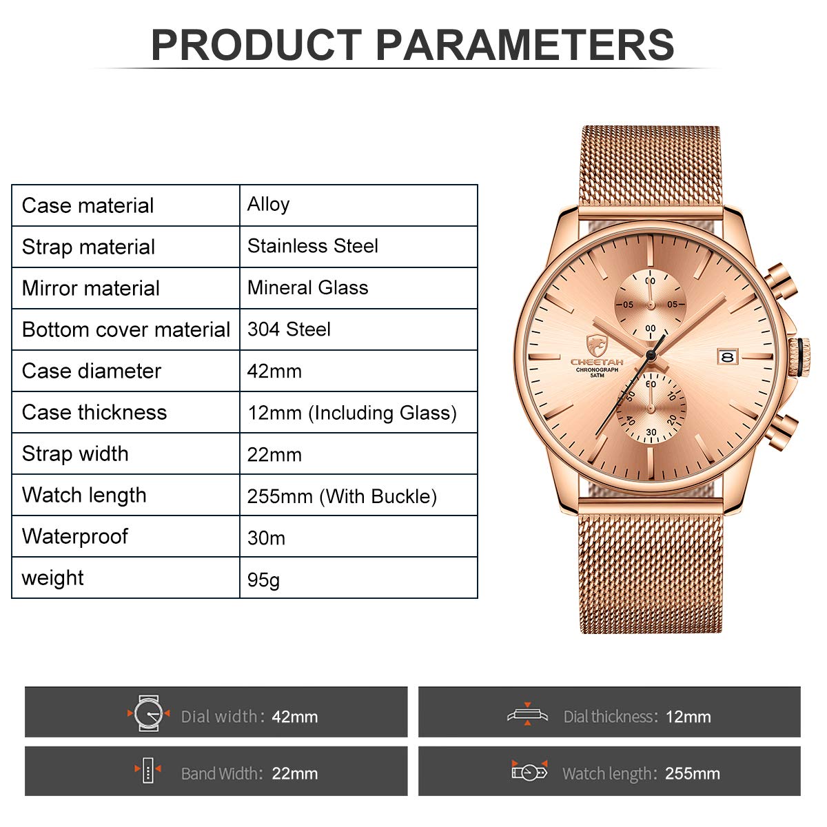 Mens Fashion Sleek Minimalist Quartz Analog Mesh Stainless Steel Waterproof Chronograph Watch with Auto Date and Black Hands Rose Gold - View 4 of 7