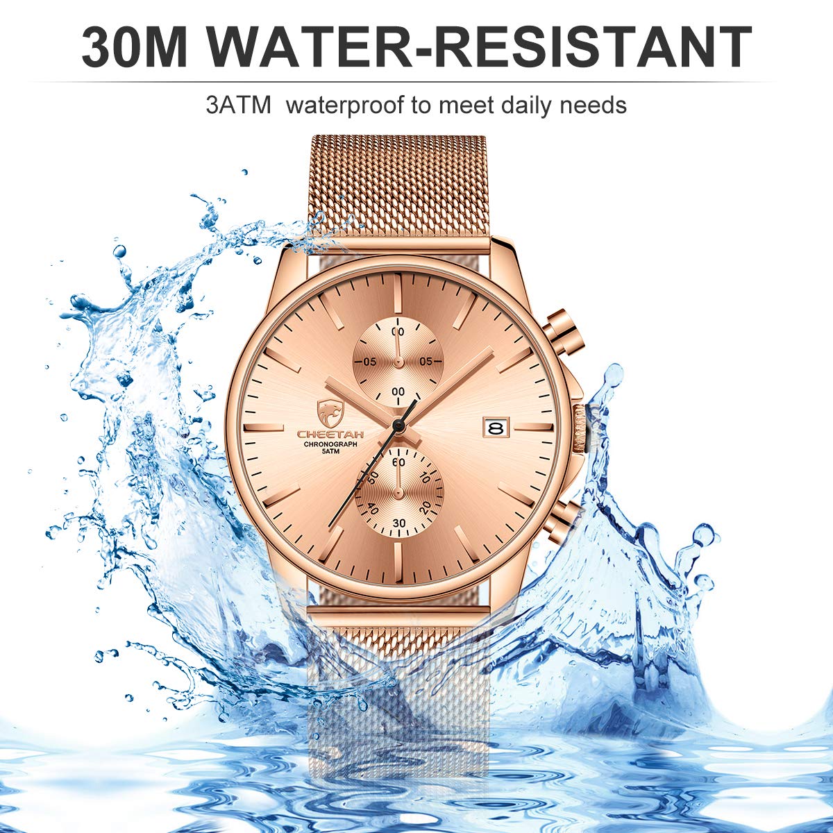 Mens Fashion Sleek Minimalist Quartz Analog Mesh Stainless Steel Waterproof Chronograph Watch with Auto Date and Black Hands Rose Gold - View 6 of 7