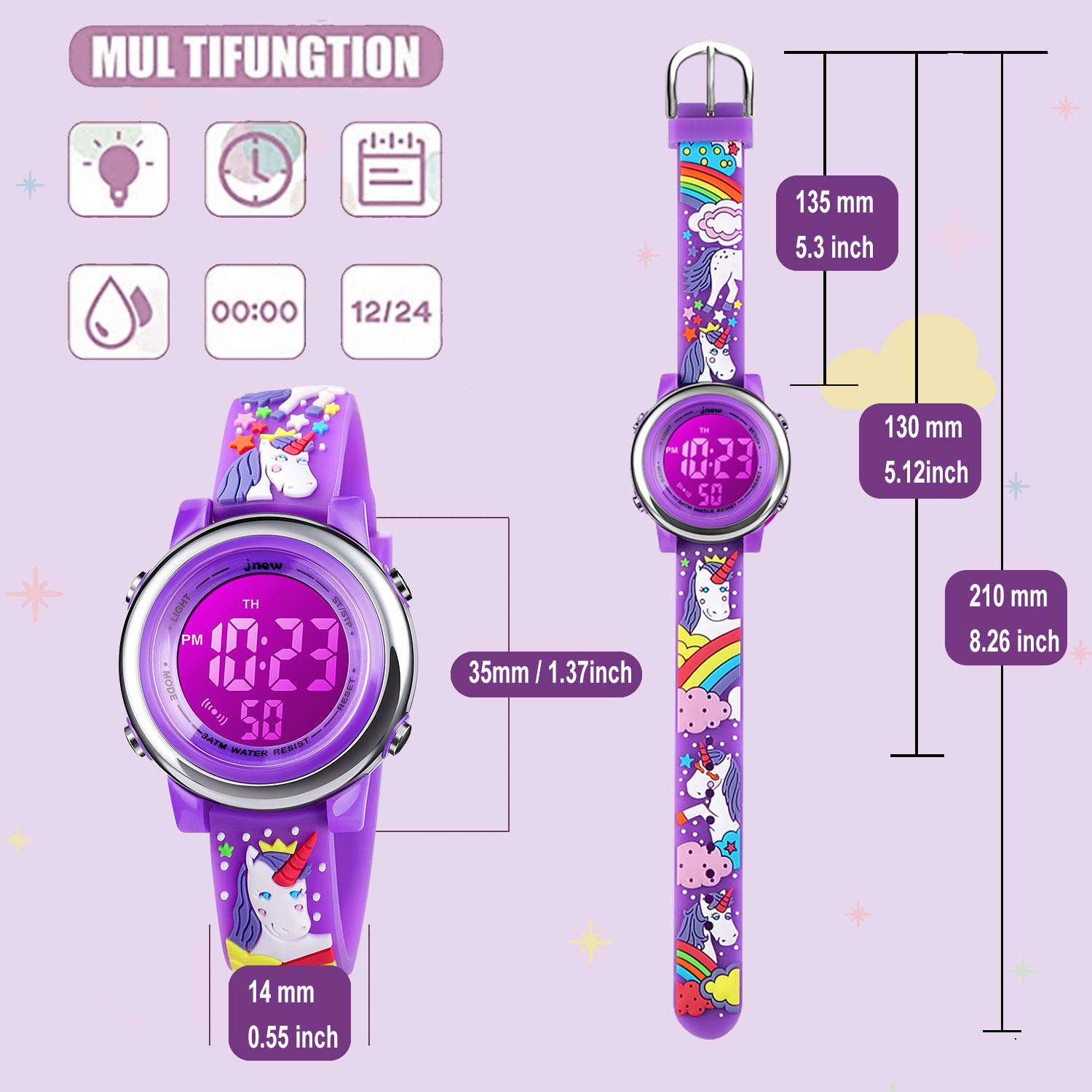 cofuo Cofuo Kids Digital Sport Waterproof Watch for Girls and Boys Unicorn Dark Purple LED Alarm Stopwatch Child Wristwatch - View 2 of 7
