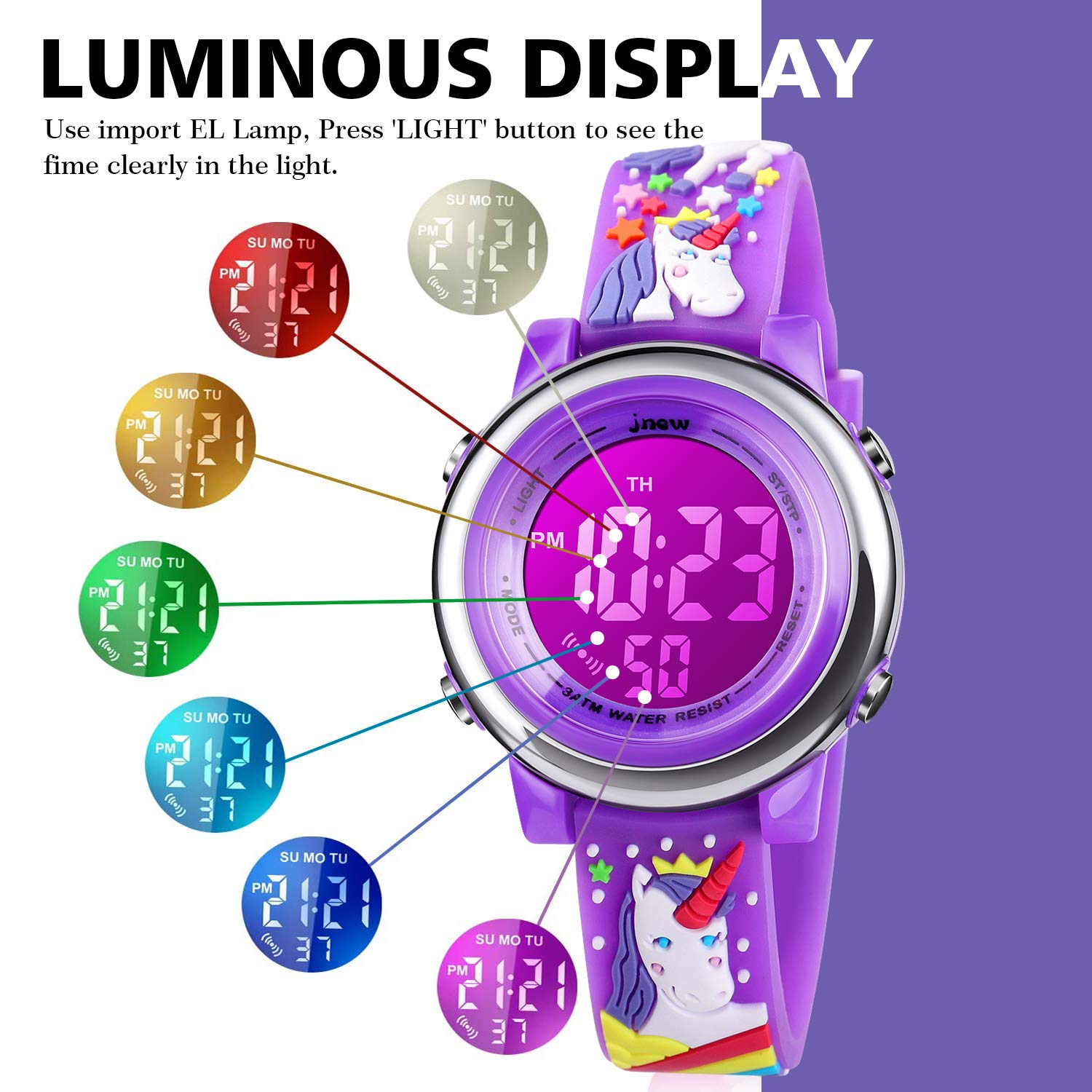 cofuo Cofuo Kids Digital Sport Waterproof Watch for Girls and Boys Unicorn Dark Purple LED Alarm Stopwatch Child Wristwatch - View 3 of 7