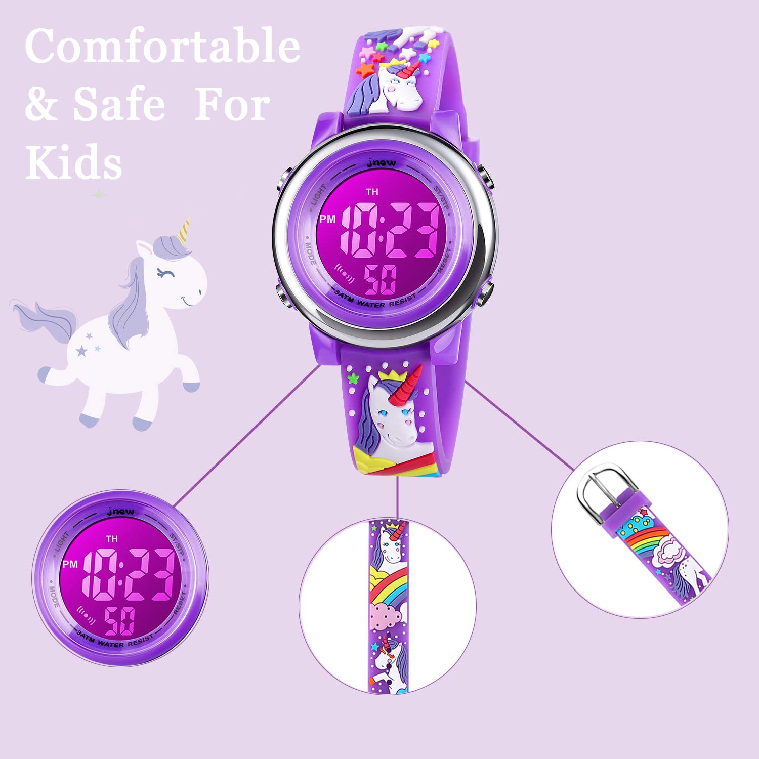 cofuo Cofuo Kids Digital Sport Waterproof Watch for Girls and Boys Unicorn Dark Purple LED Alarm Stopwatch Child Wristwatch - View 5 of 7
