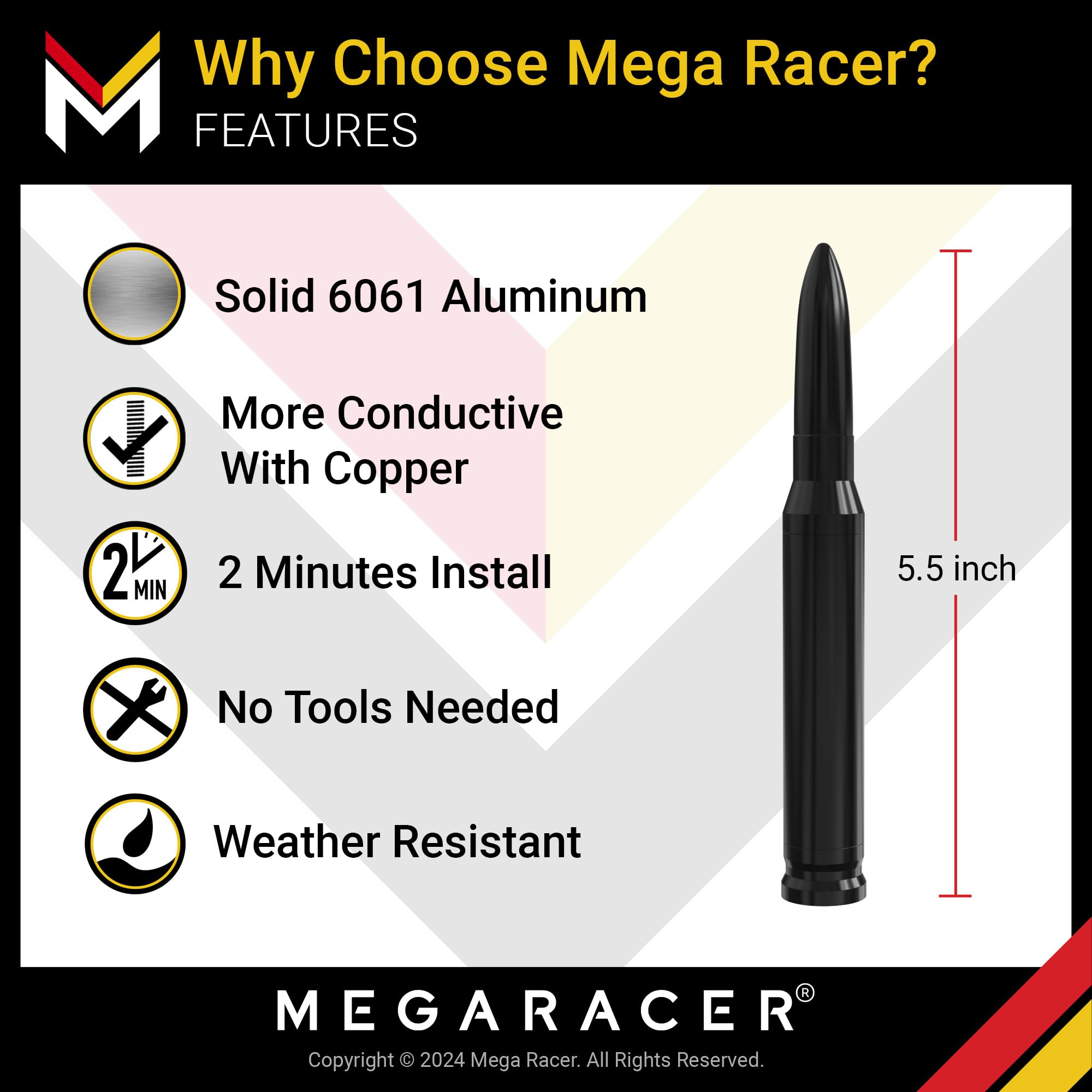 Mega Racer Universal 50 Cal Bullet Antenna for Trucks Cars Ford F150 Ram 1500 Silverado Harley Davidson Toyota Short 5.5 Inch Black Replacement - View 2 of 6