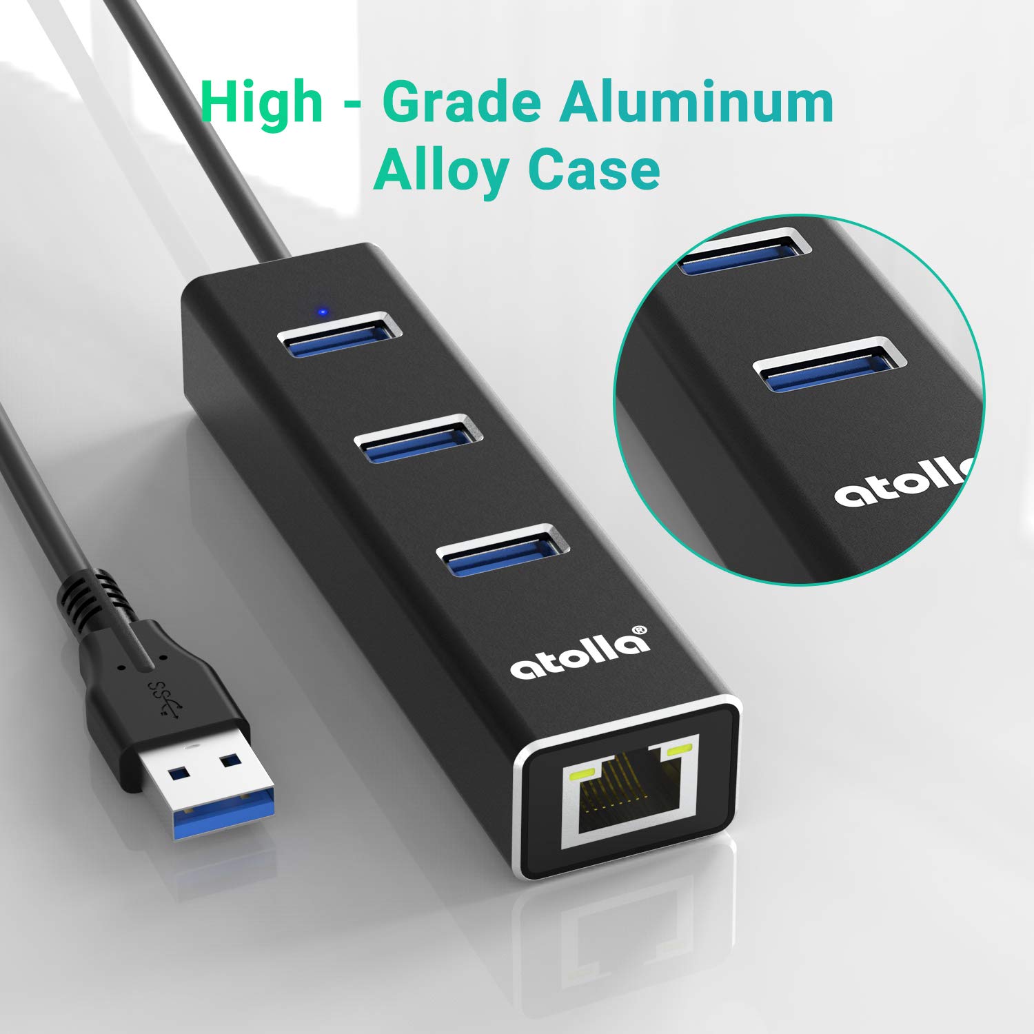 atolla atolla USB to Ethernet Adapter 3 Ports USB 3.0 Hub Gigabit Network Adapter for Windows Mac Linux 10/100/1000 Mbps - View 4 of 7
