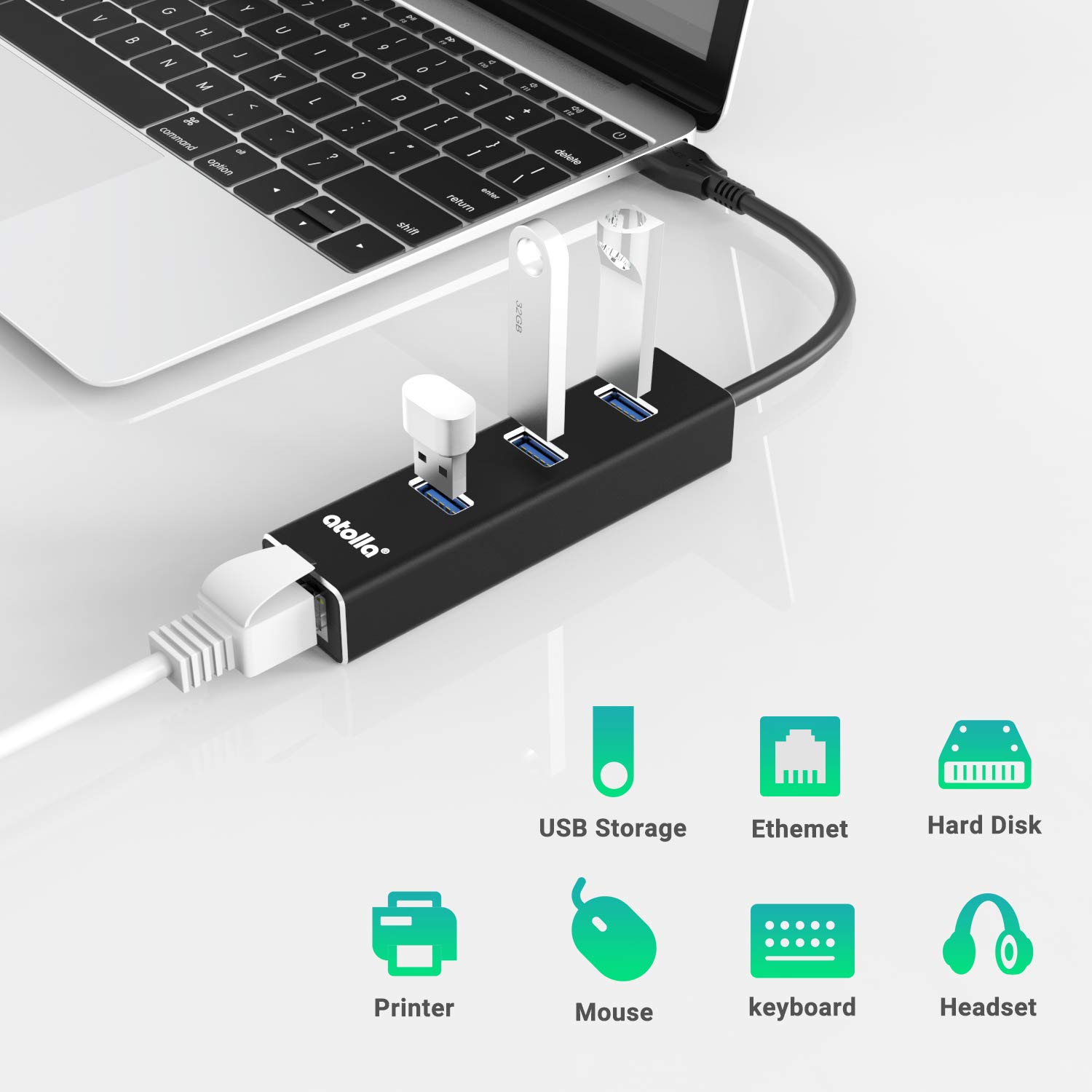 atolla atolla USB to Ethernet Adapter 3 Ports USB 3.0 Hub Gigabit Network Adapter for Windows Mac Linux 10/100/1000 Mbps - View 5 of 7