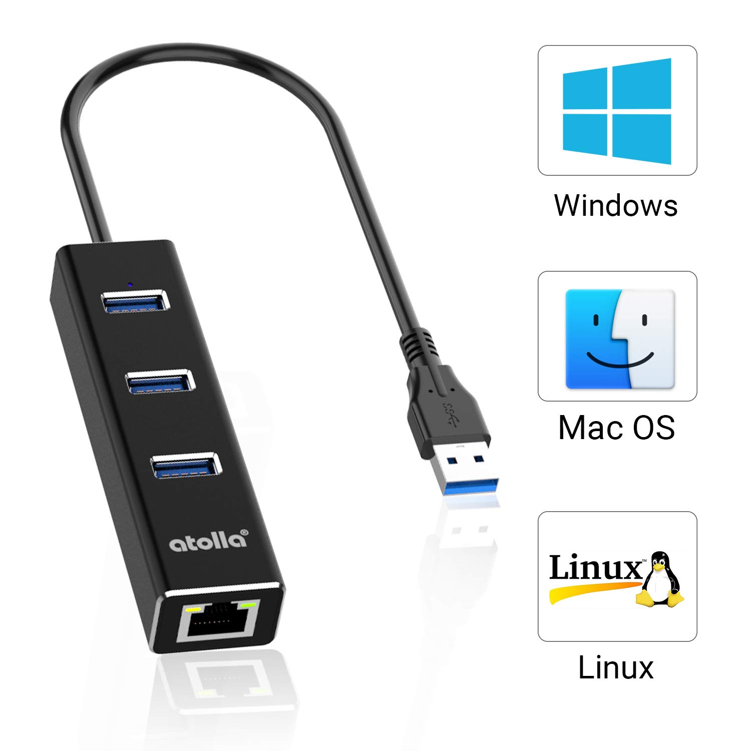 atolla atolla USB to Ethernet Adapter 3 Ports USB 3.0 Hub Gigabit Network Adapter for Windows Mac Linux 10/100/1000 Mbps - View 7 of 7